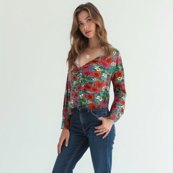 ❤️ COMPANIA FANTASTICA Floral V-Neck Long Sleeve Top S - Picture 1 of 12